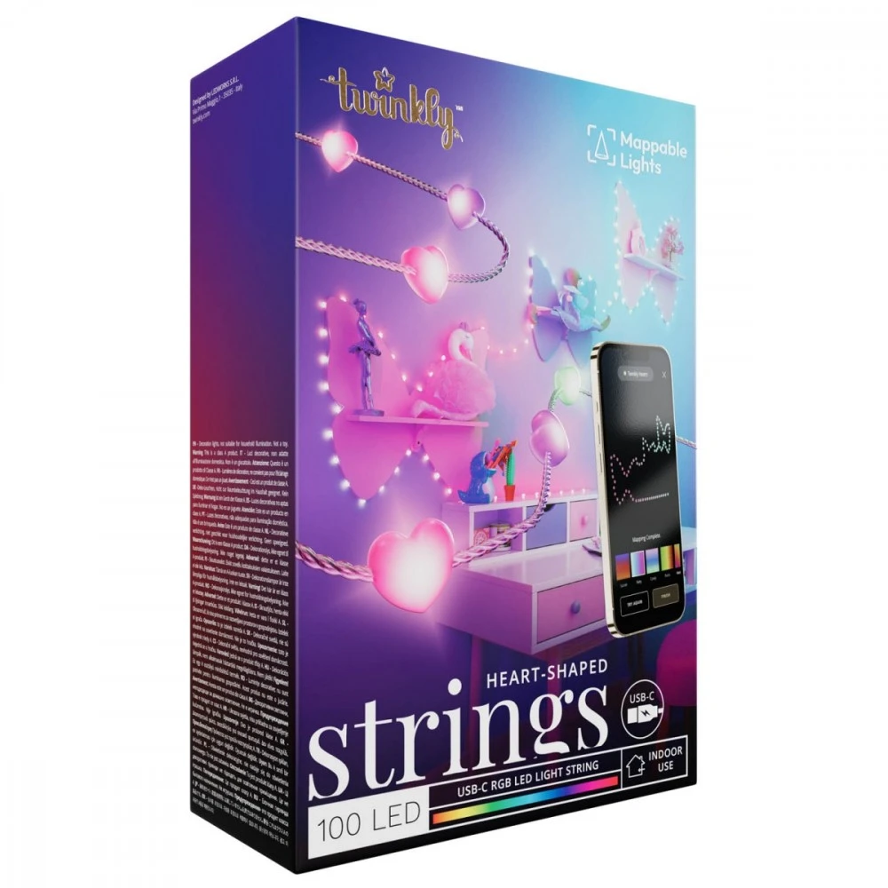 „Twinkly Candies“ 100 širdies formos RGB šviesos diodų, skaidrus laidas, USB-C