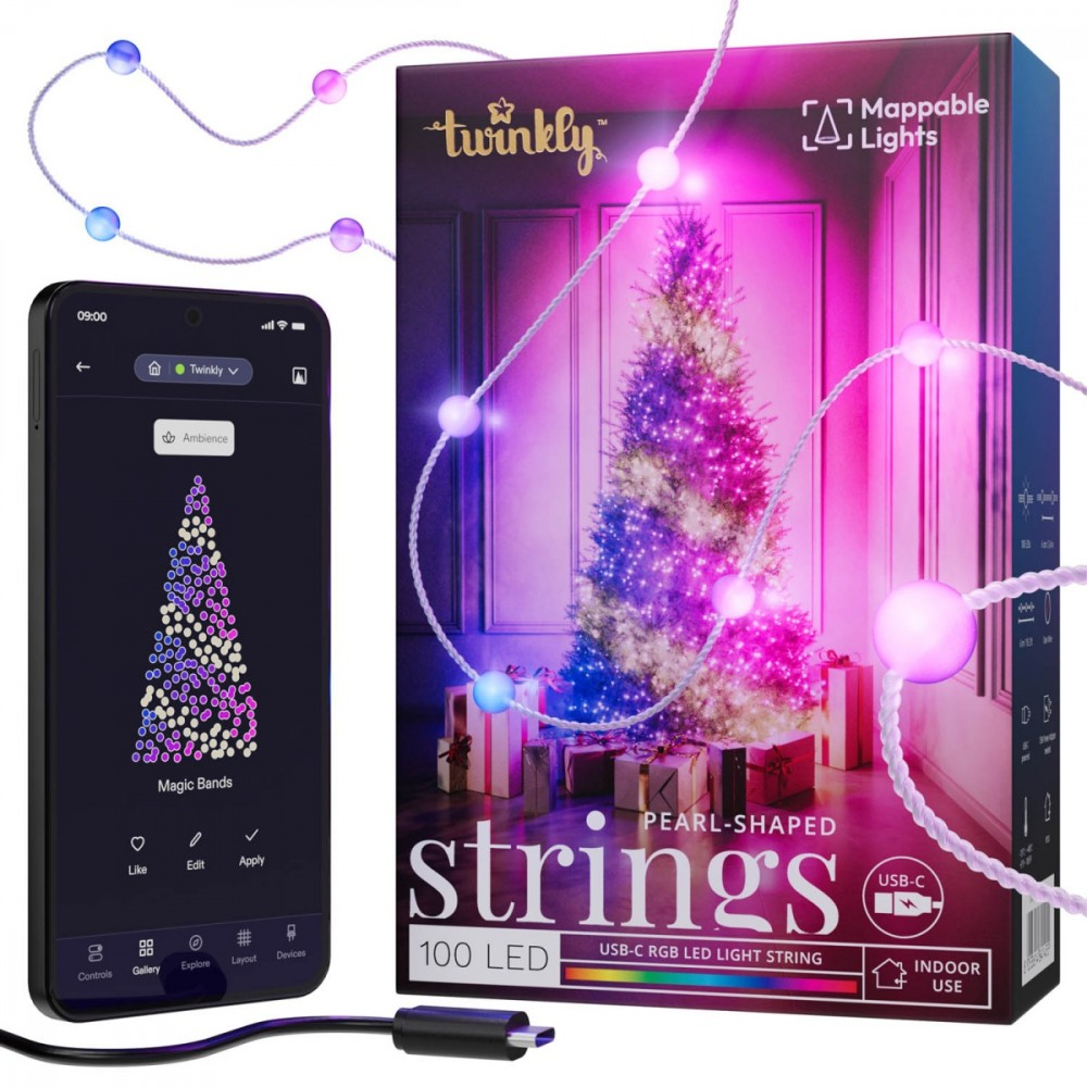 Lubinis šviestuvas „Twinkly Candies“ 100 perlų formos RGB šviesos diodų, skaidrus laidas, USB-C