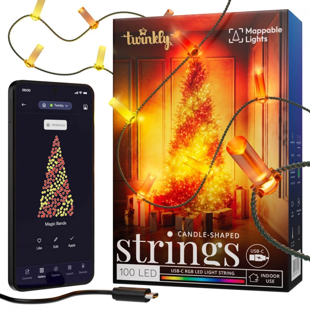 Kalėdinė girlianda Twinkly Candies 100 RGB LED USB- C, žalios spalvos laidas