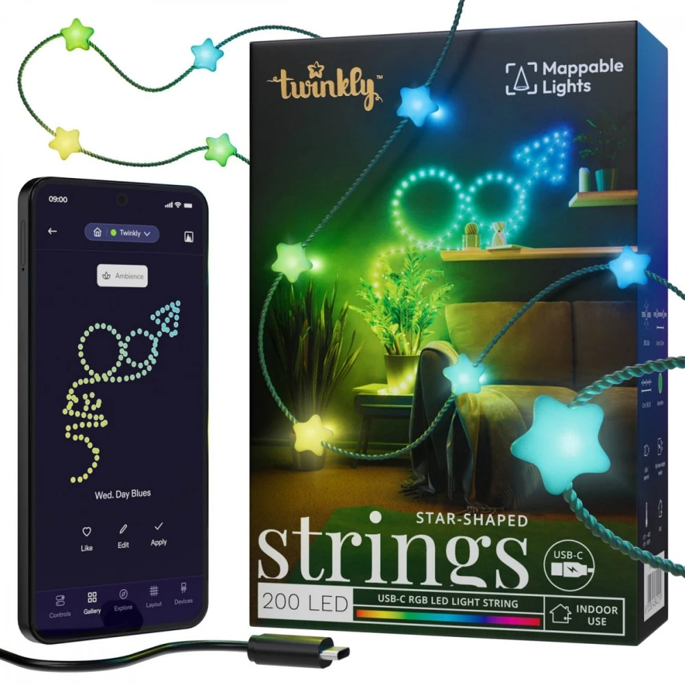 „Twinkly Candies 200“ žvaigždės formos RGB šviesos diodai, „Žalias“ laidas, USB-C|Twinkly