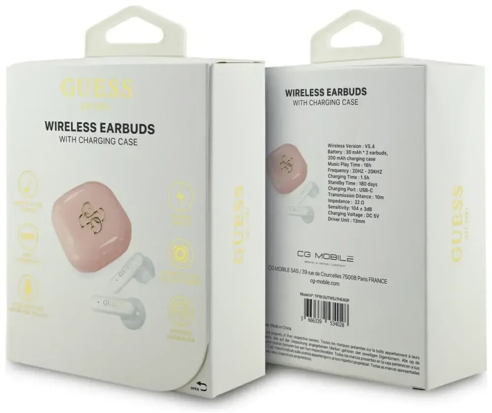 TWS Guess 4G Metal Logo ausinės rožinės spalvos
