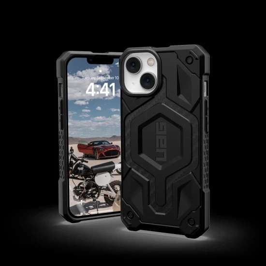 UAG Urban Armor Gear dėklas MONARCH, suderinamas su „MagSafe“, skirtas IPHONE 14 Plus, anglies pluošto