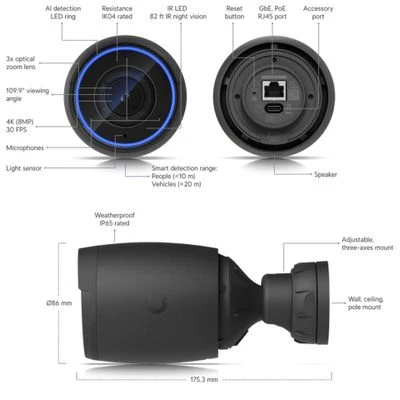 UBIQUITI AI PRO Juodas 4K POE kamera, skirta naudoti viduje ir lauke, su 3 kartų optiniu priartinimu, didelio nuotolio infraraudonųjų spindulių naktiniu matymu ir patobulintomis dirbtinio intelekto aptikimo galimybėmis.