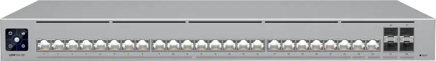 Šakotuvas „UBIQUITI PRO HD 24 POE“ PROFESIONALIOS LYGIO, 3 SLUOKSNIO „ETHERLIGHTING®“ KOMUTATORIUS SU (2) 10 GBE POE++, (22) 2,5 GBE POE++ IR (4) 10G SFP+ PRIEVADAIS. BENDRA POE GALIOS GALIMA 600 W.