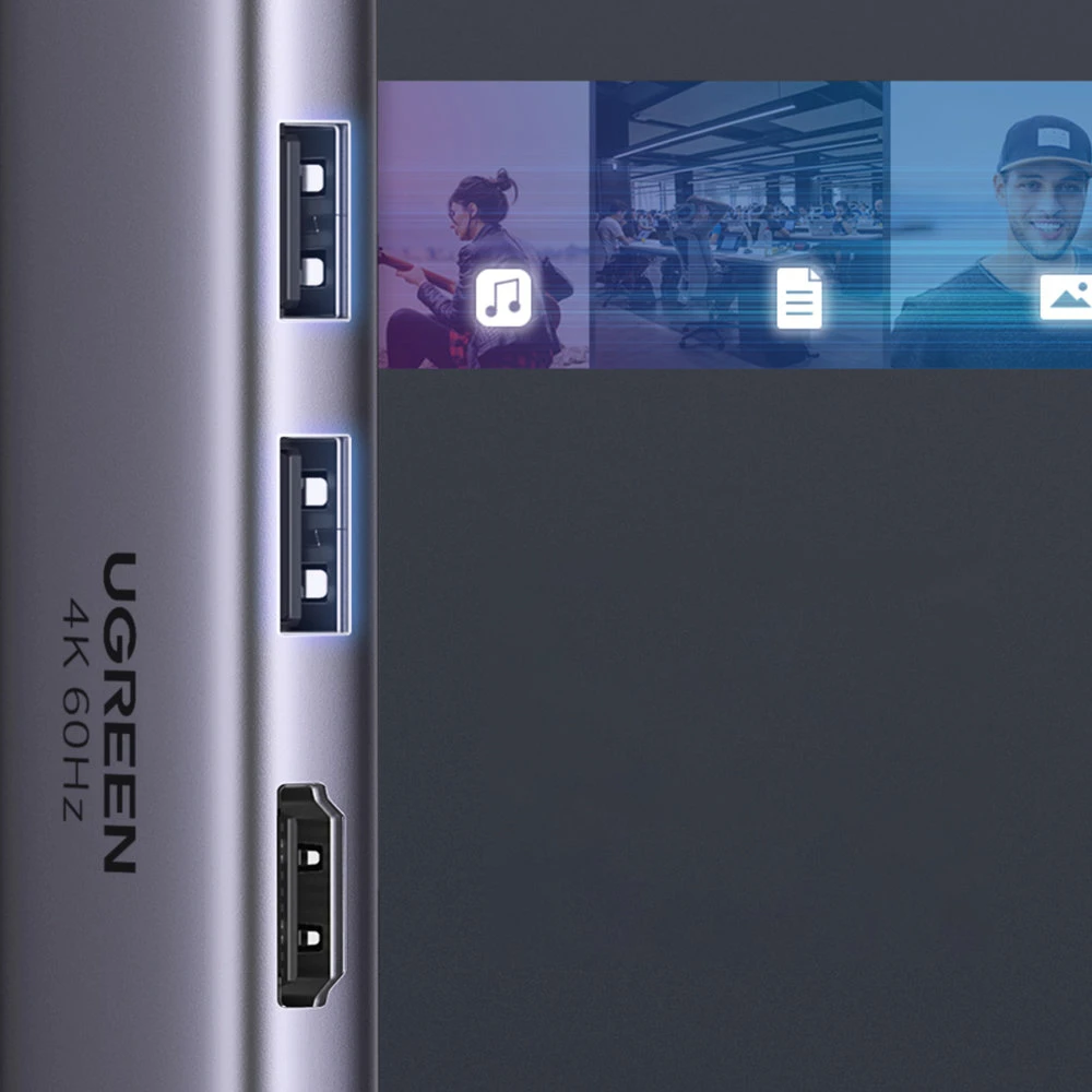 Ugreen daugiafunkcinis C tipo USB šakotuvas - 2x USB 3.2 Gen 1 / HDMI 4K 60Hz / SD ir TF kortelių skaitytuvas / C tipo USB PD 100W pilkos spalvos (60384 CM511)