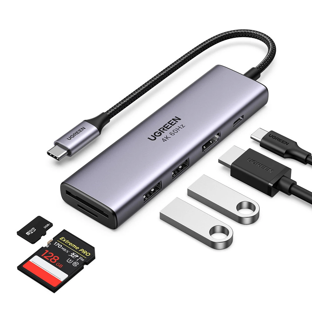Ugreen daugiafunkcinis C tipo USB šakotuvas - 2x USB 3.2 Gen 1 / HDMI 4K 60Hz / SD ir TF kortelių skaitytuvas / C tipo USB PD 100W pilkos spalvos (60384 CM511)