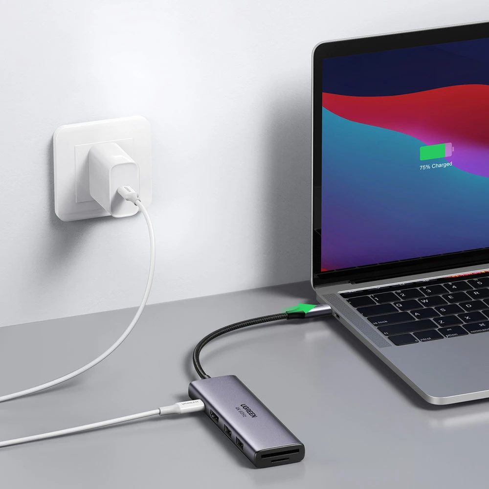 Ugreen daugiafunkcinis C tipo USB šakotuvas - 2x USB 3.2 Gen 1 / HDMI 4K 60Hz / SD ir TF kortelių skaitytuvas / C tipo USB PD 100W pilkos spalvos (60384 CM511) aprašymas - Prekės nuotrauka