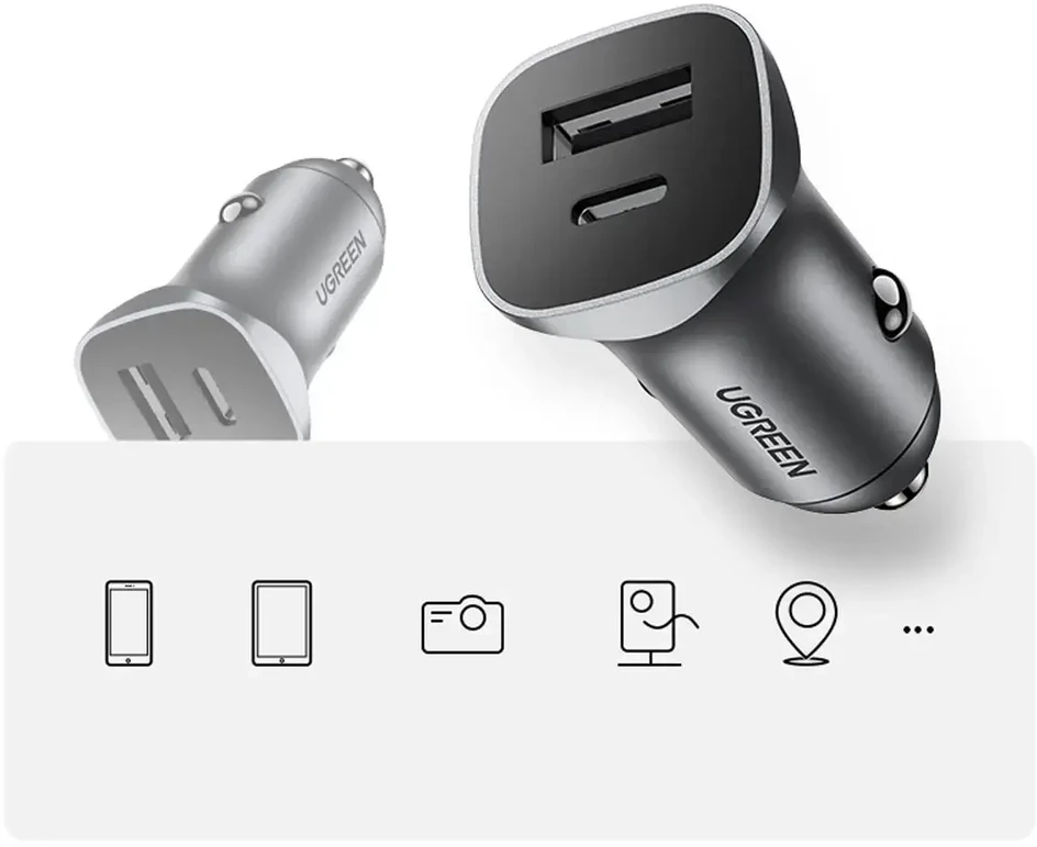 Automobilinis įkroviklis Ugreen CD130 USB-C/USB-A 30W pilkas