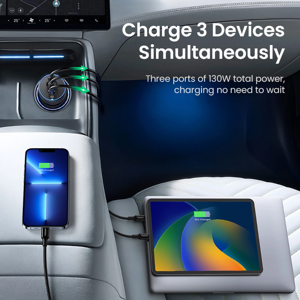 Atomobilnis įkroviklis UGREEN CD293, 2XUSB-C PD+ USB-A 130W juodos spalvos