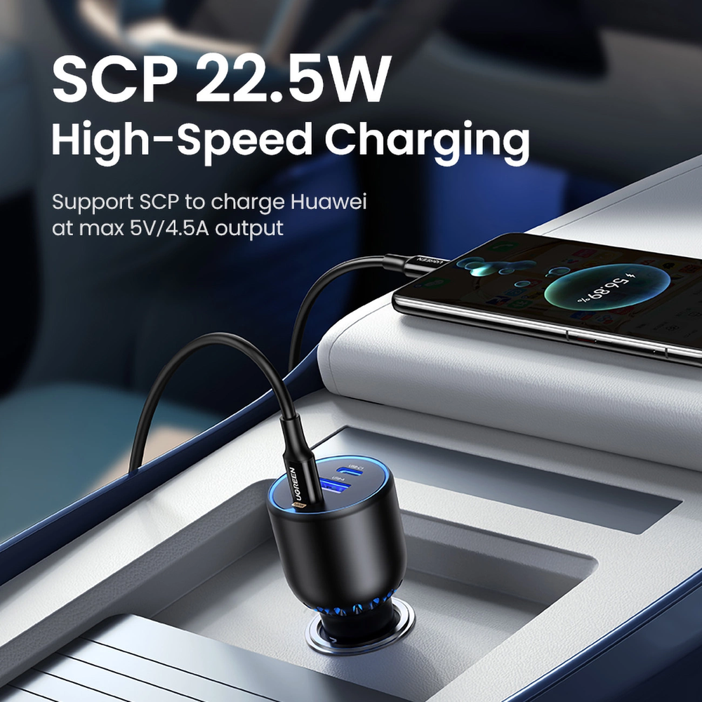 Atomobilnis įkroviklis UGREEN CD293, 2XUSB-C PD+ USB-A 130W juodos spalvos