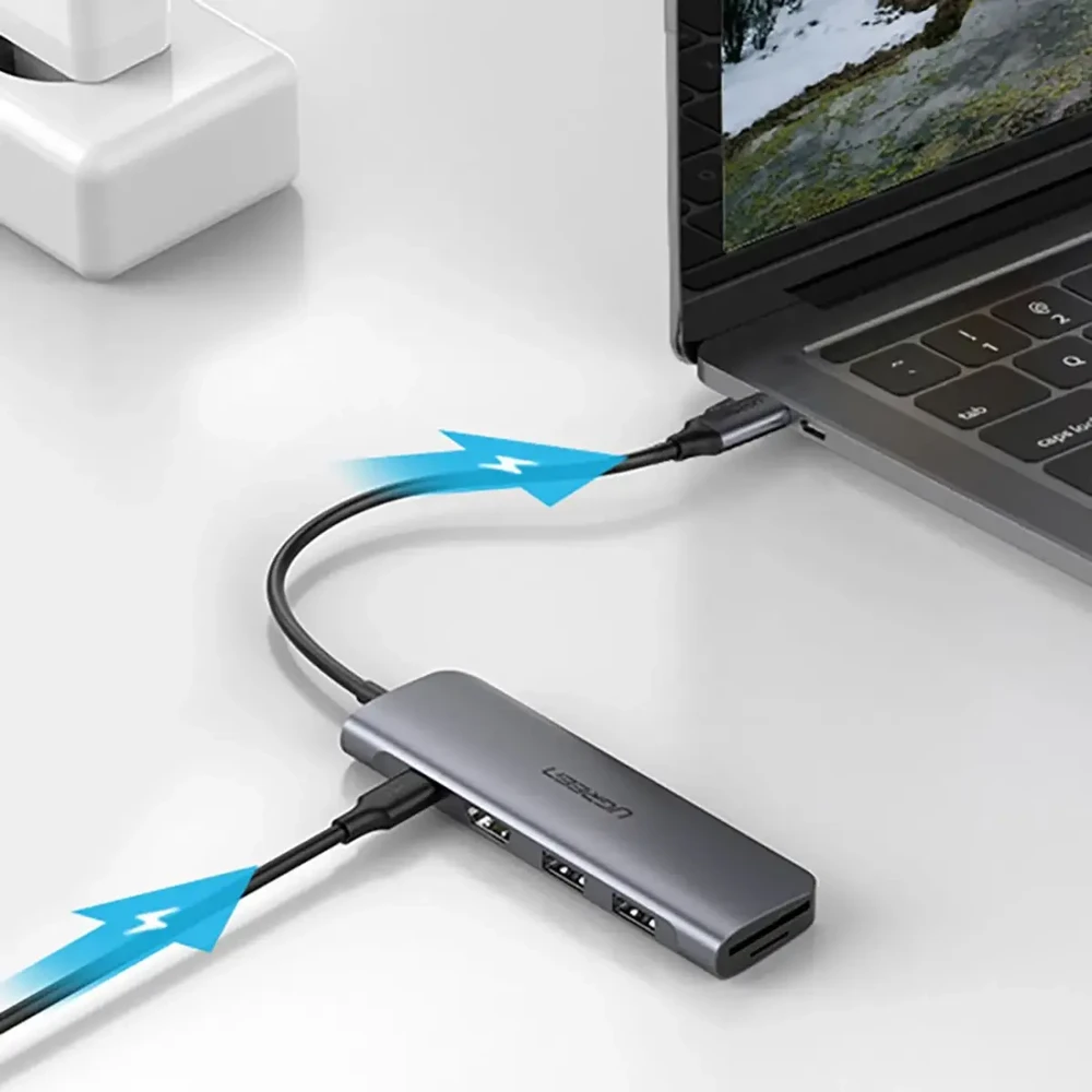 Ugreen CM195 6-in-1 adapteris USB-C į 2x USB 3.0 | HDMI | USB-C | SD | Micro SD (TF) | 100W | pilkas
