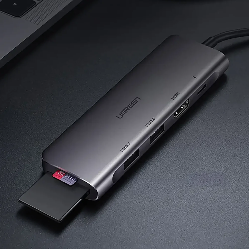 Ugreen CM195 6-in-1 adapteris USB-C į 2x USB 3.0 | HDMI | USB-C | SD | Micro SD (TF) | 100W | pilkas