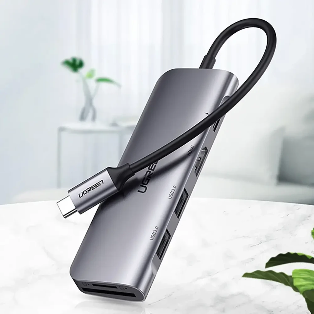 Ugreen CM195 6-in-1 adapteris USB-C į 2x USB 3.0 | HDMI | USB-C | SD | Micro SD (TF) | 100W | pilkas
