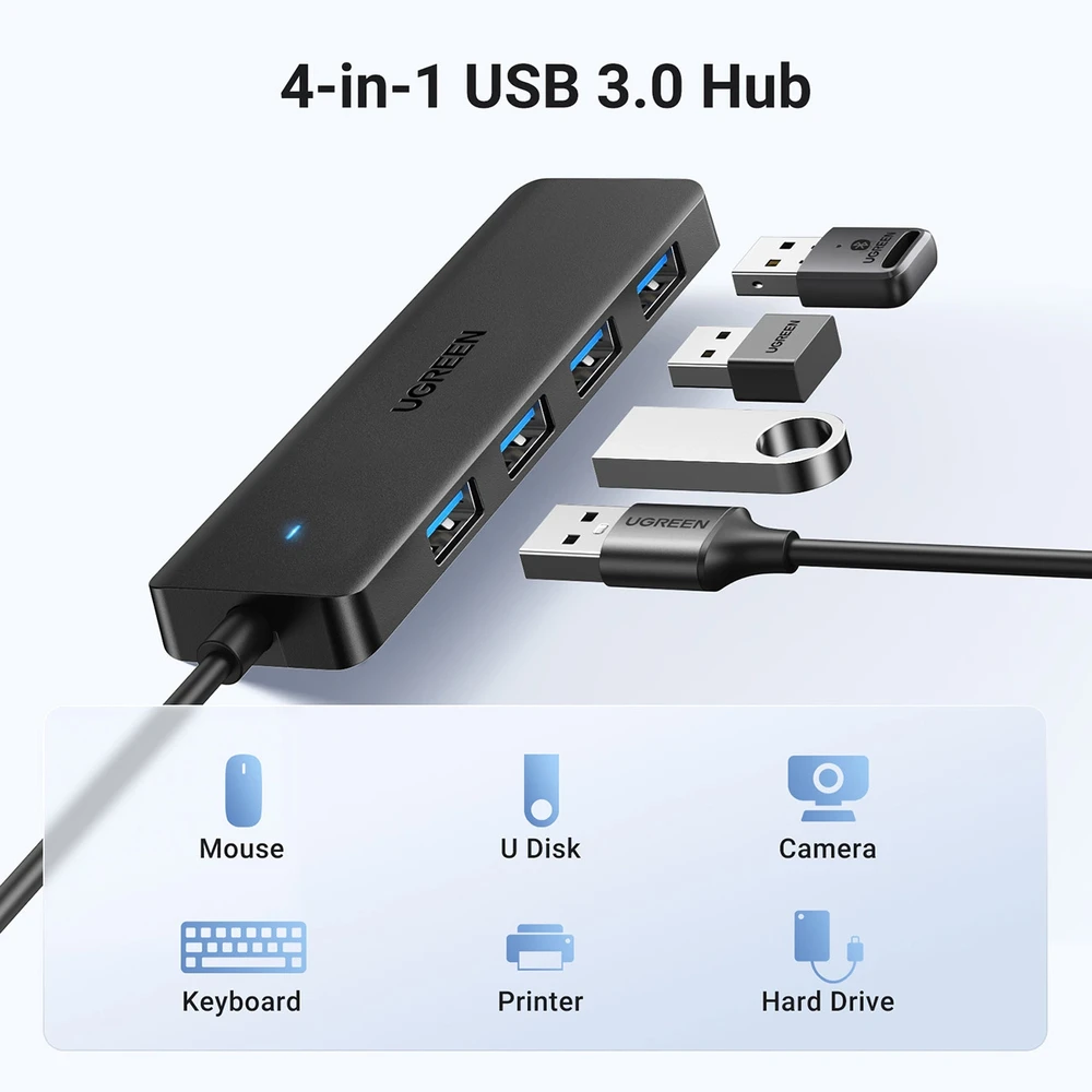 HUB Ugreen CM219 25851 su 4 USB-A 3.0 jungtys and USB-A 3.0 kabelis 15cm - juodos spalvos