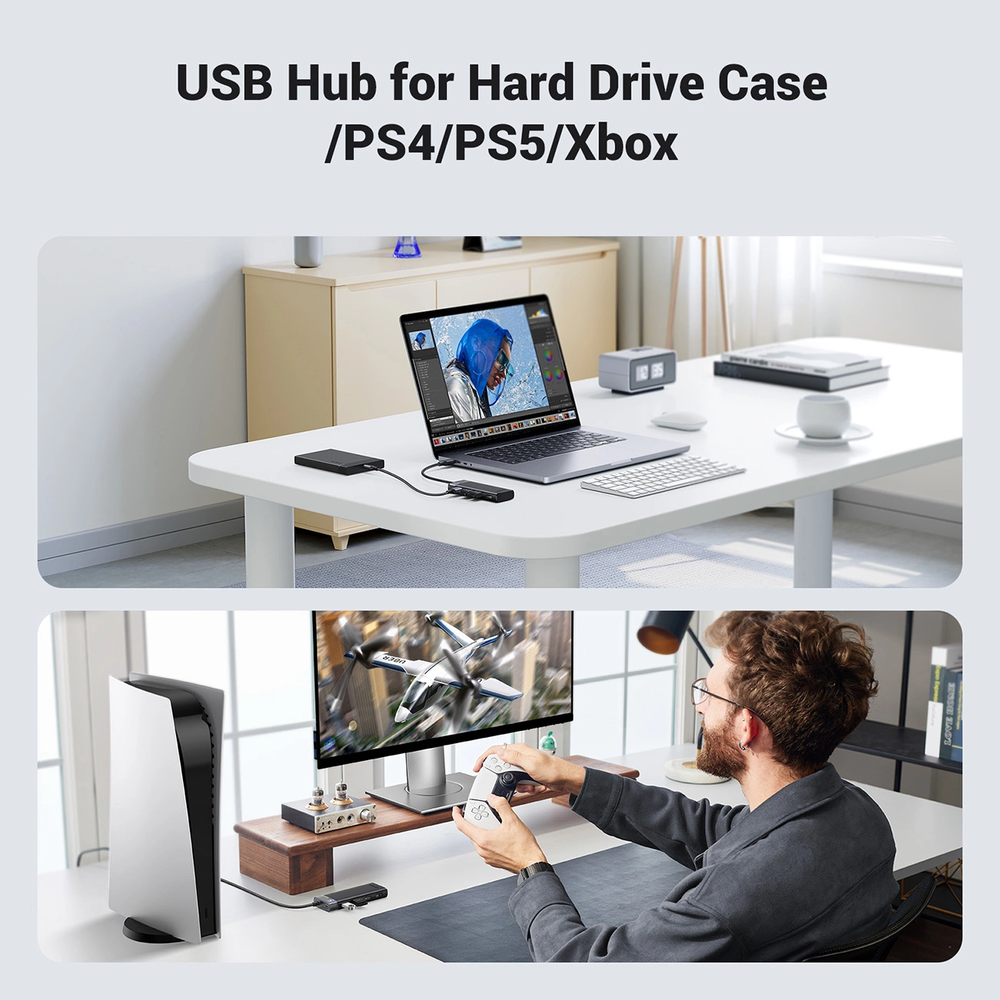 Ugreen CM653 HUB su 4 USB-A jungtys ir USB-A maitinimo laidu - juodas