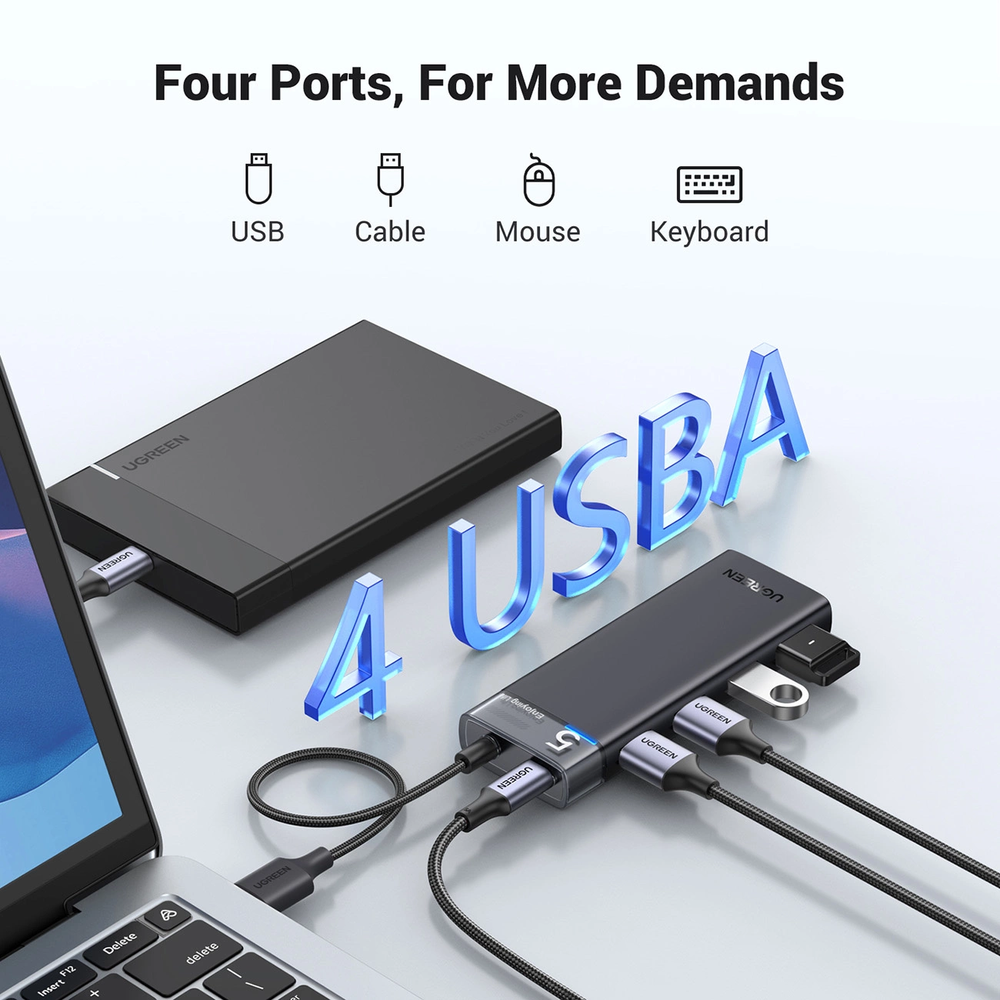 Ugreen CM653 HUB su 4 USB-A jungtys ir USB-A maitinimo laidu - juodas
