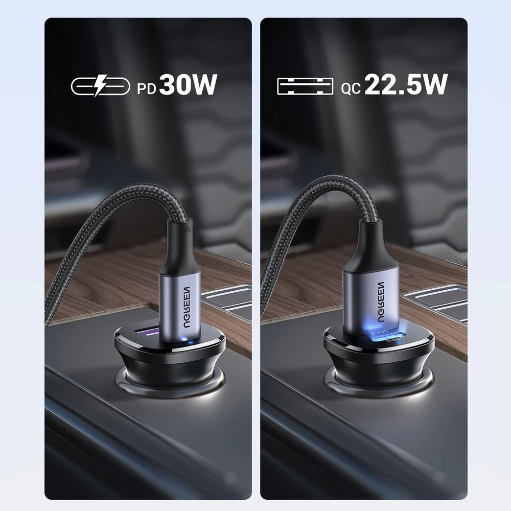 Automobilinis įkroviklis 30W USB-C + USB UGREEN EC305 juodos spalvos