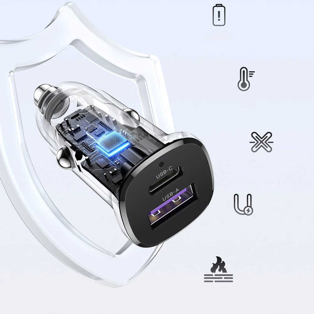 Automobilinis įkroviklis 30W USB-C + USB UGREEN EC305 juodos spalvos