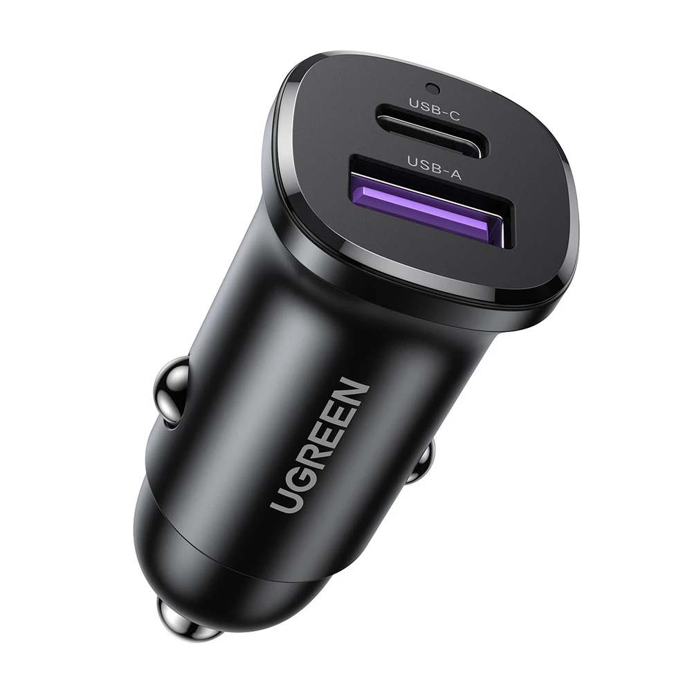 Automobilinis įkroviklis 30W USB-C + USB UGREEN EC305 juodos spalvos