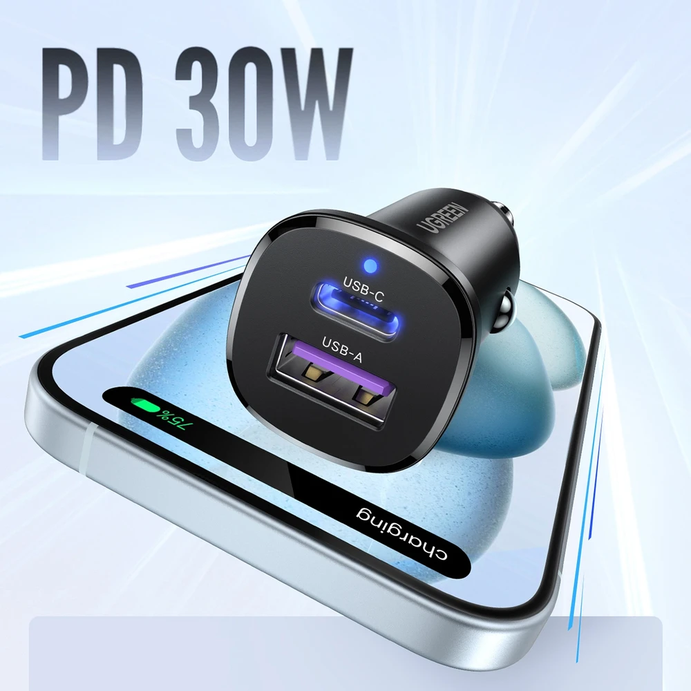 Automobilinis įkroviklis 30W USB-C + USB UGREEN EC305 juodos spalvos
