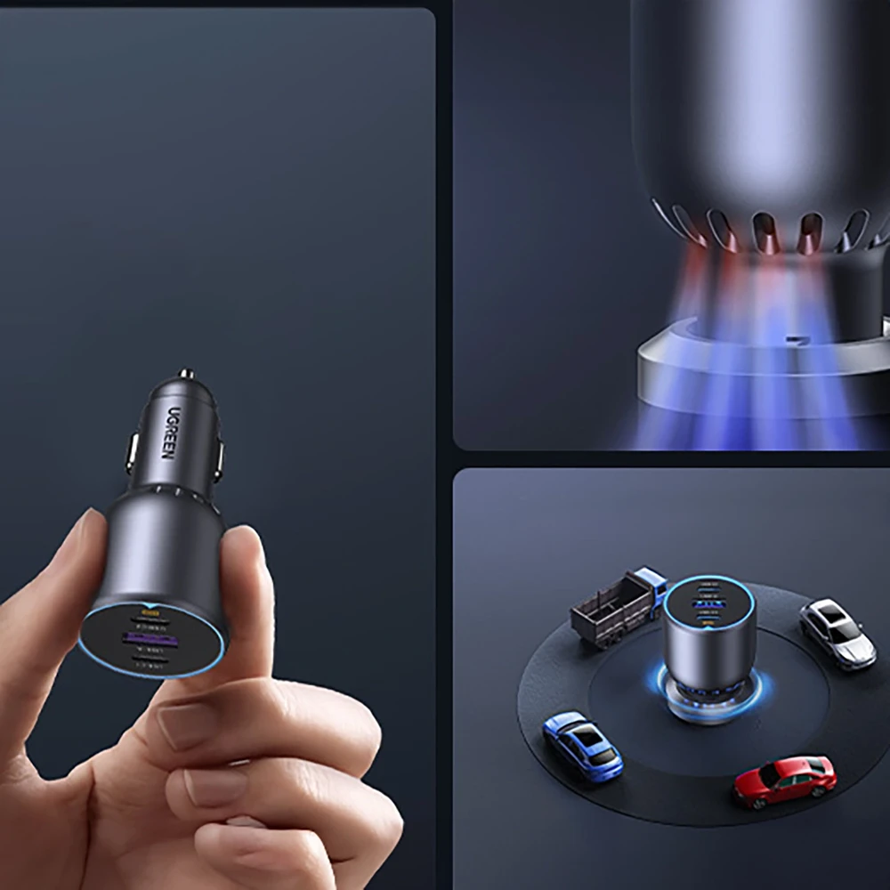 Ugreen 130W 3-Port Fast Car Char pilka Ausinės, Mobilus kompiuteris, Mobilusis telefonas, , Išorinė baterija, Telefonas Pilka Cigarų pridegiklis Automatinis