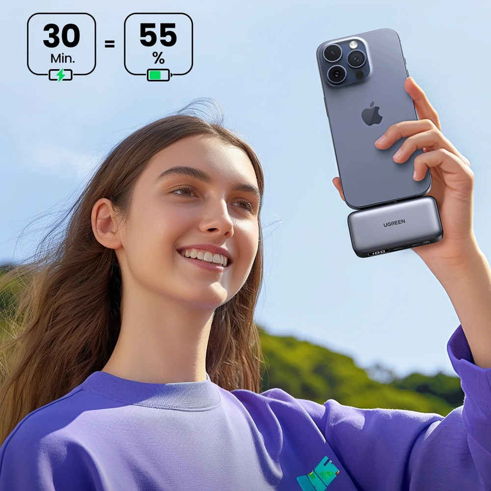 Nešiojama išorinė baterija UGREEN PB503, 5000 mAh 22,5 W, su integruotu USB-C kištuku