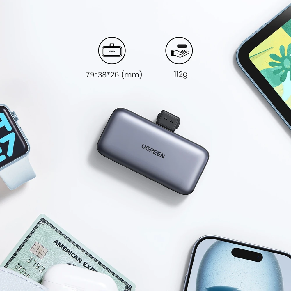 Nešiojama išorinė baterija UGREEN PB503, 5000 mAh 22,5 W, su integruotu USB-C kištuku