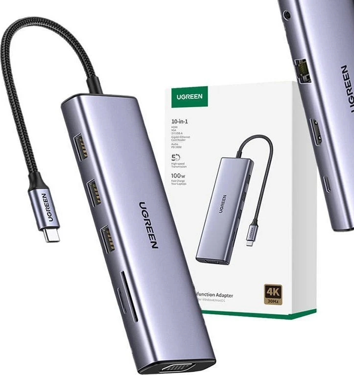 Adapteris 10w1 UGREEN Revodok CM498 Hub USB iki 3x USB-A 3.0, HDMI, VGA, RJ45, SD/TF, AUX3.5mm, PD keitiklis