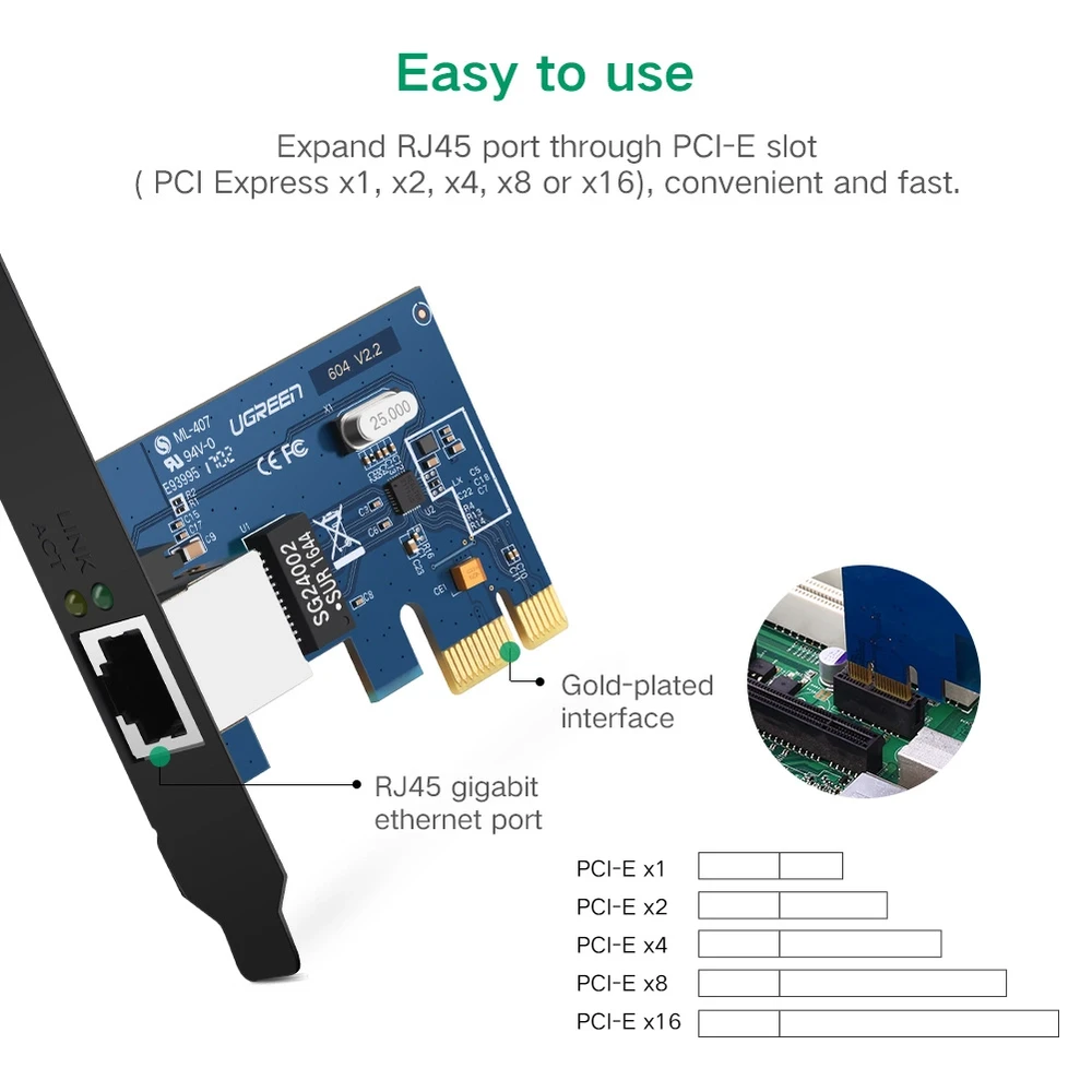 Ugreen US230 Gigabit 10/100/1000Mbps PCI-E Network Card - juodos spalvos