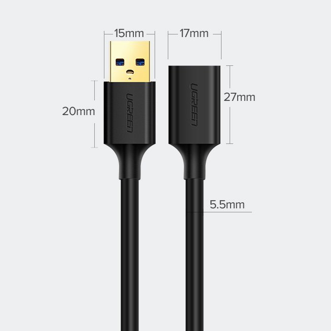 UGREEN prailginimo laidas US129 USB 3.0 (female) - USB 3.0 (male) 2 m, juodas (10373)