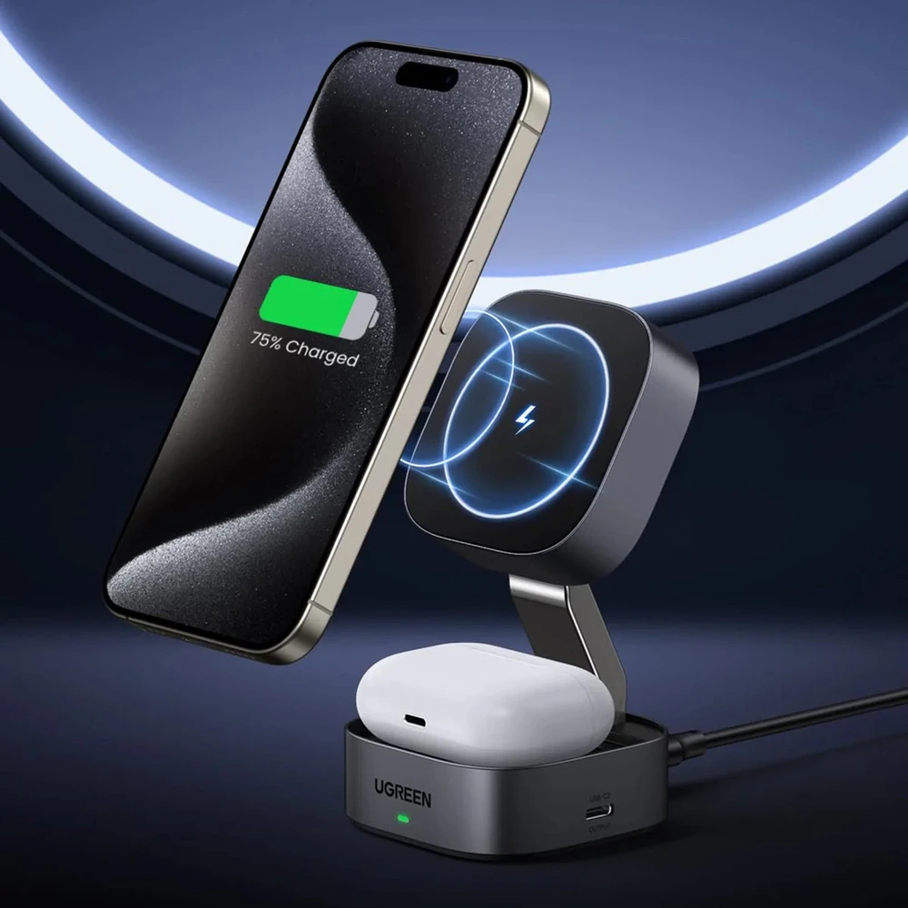 Ugreen W526 3in1 MagSafe / Qi indukcinis telefono / ausinių įkroviklis su USB-C prievadu - juodos spalvos