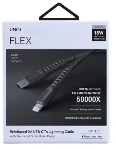 UNIQ MFI Flex kabelis USB-C-Lightning 18W nailono anglies pilkas