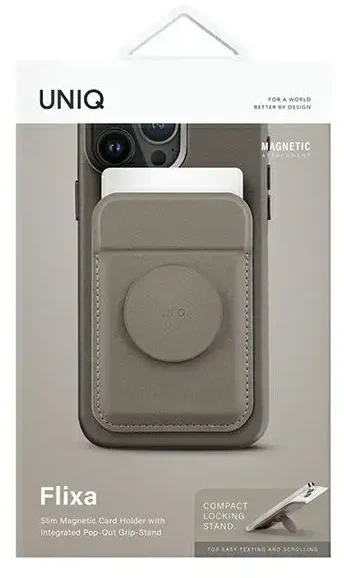Dėklas UNIQ Flixa magnetinė kortelių piniginė su stovu, pilka/titnago pilkumo, „MagSafe“