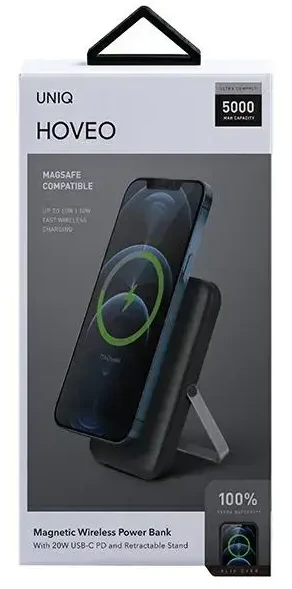 UNIQ nešiojama įkroviklis „Hoveo 5000mAh USB-C 20W PD“ greito įkrovimo belaidis magnetinis anglies pluošto pilkos spalvos