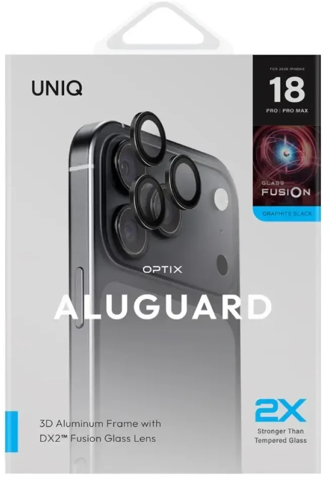 UNIQ Optix AluGuard (DX2) fotoaparato objektyvo apsauga, skirta iPhone 18 Pro / iPhone 18 Pro Max, juoda