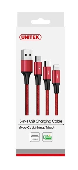 UNITEK C4049RD Unitek kabelis 3-in-1, USB-C tipas / MicroUSB / Lightning, 1,2 m, raudonas, C4049RD
