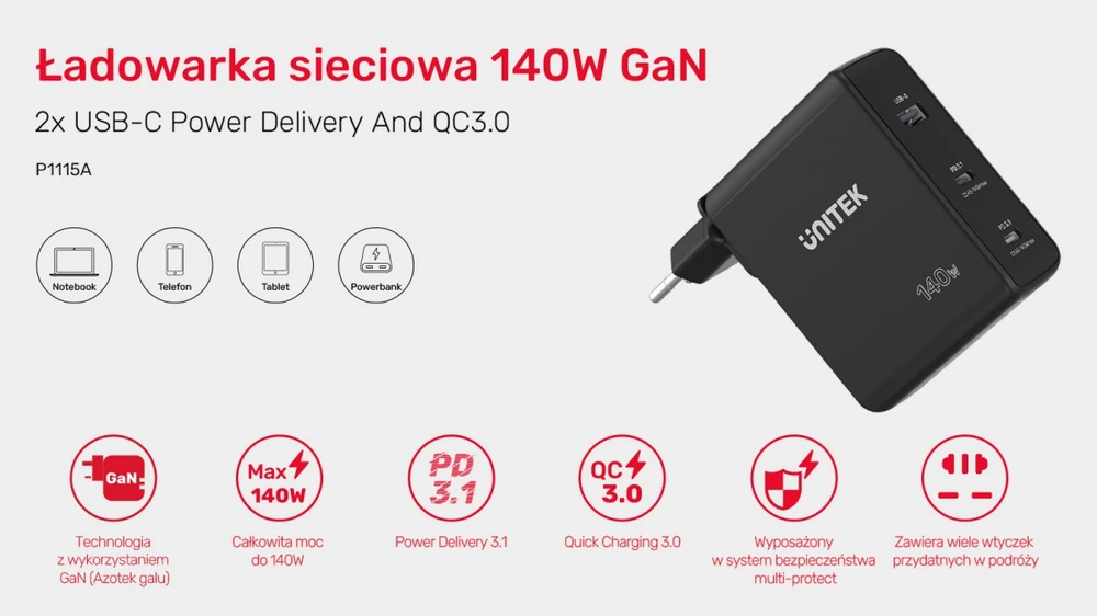 UNITEK CHARGER P1115A GaN 2x USB-C 1x USB-A PD 140W Juodas