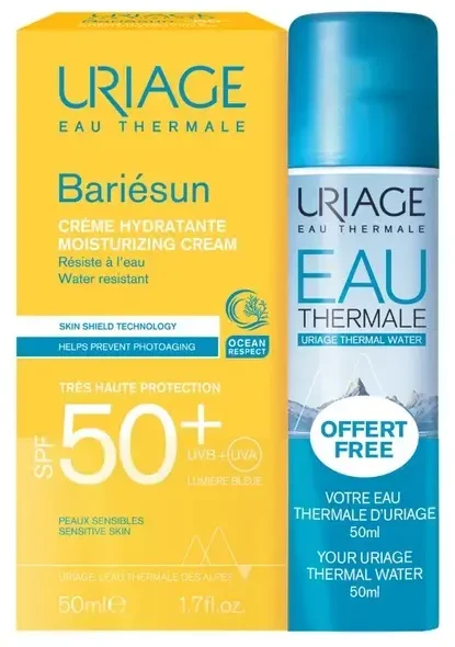 Uriage Bariésun Moisturising Kreminis SPF 50+ + Eau Thermale Thermal Vanduo 2 x, 50 ml