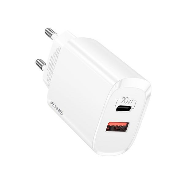 USAMS Tinklo įkroviklis 1xUSB-C+1xUSB T35 20W (only head) PD3.0 +QC3.0 Fast Charging baltos spalvos CC121TC01 (US-CC121)