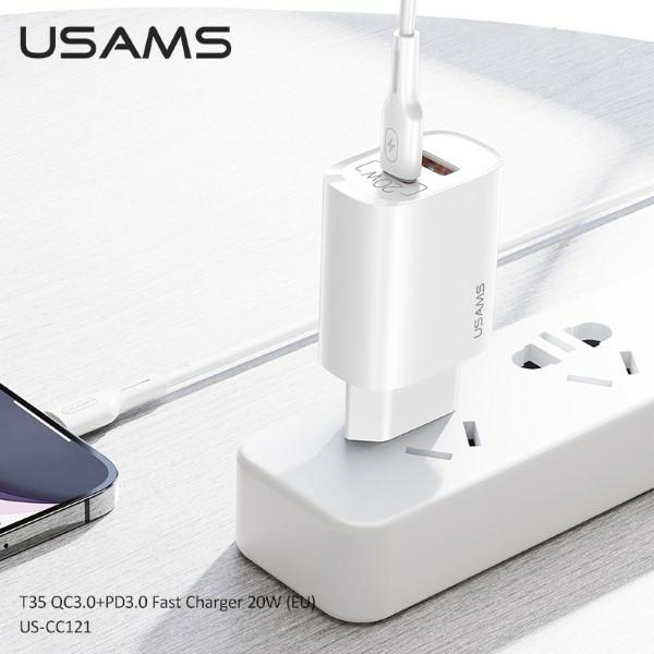 USAMS Tinklo įkroviklis 1xUSB-C+1xUSB T35 20W (only head) PD3.0 +QC3.0 Fast Charging baltos spalvos CC121TC01 (US-CC121)