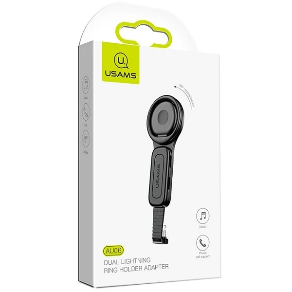 USAMS ADAPTER AU06 2IN1 2X LIGTNING + RING HOLDER Juodas