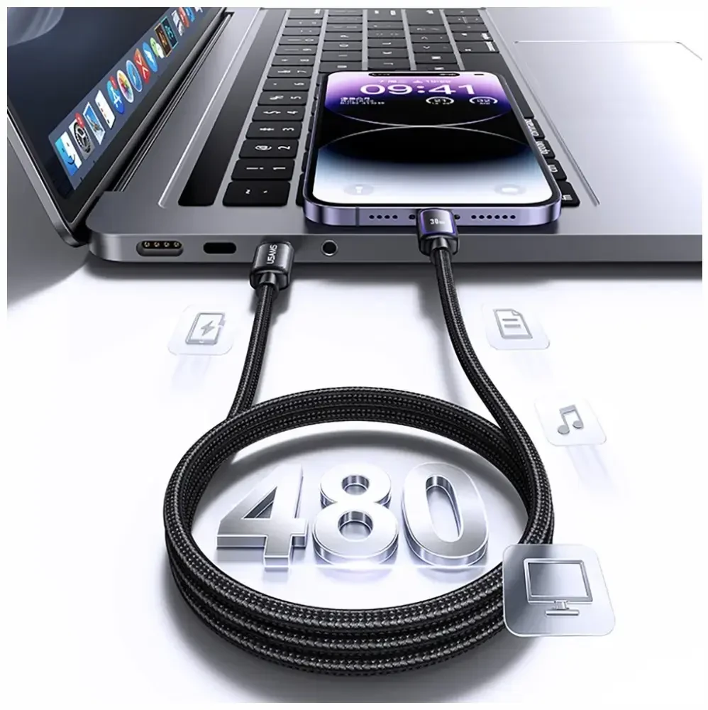 Kabelis USAMS Al-Alloy SJ816 U110 RGB Fast Charging 30W USB-C do Lightning 1,2 m balta