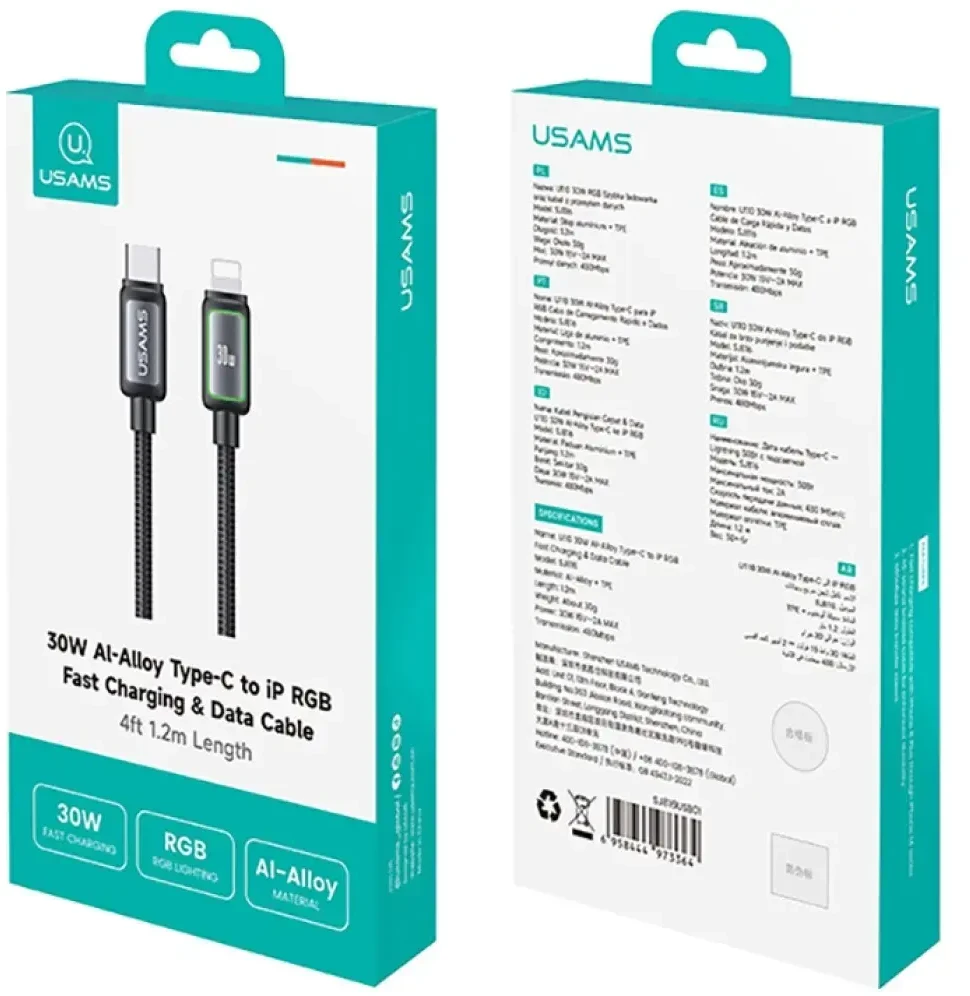 Kabelis USAMS Al-Alloy SJ816 U110 RGB Fast Charging 30W USB-C do Lightning 1,2 m balta