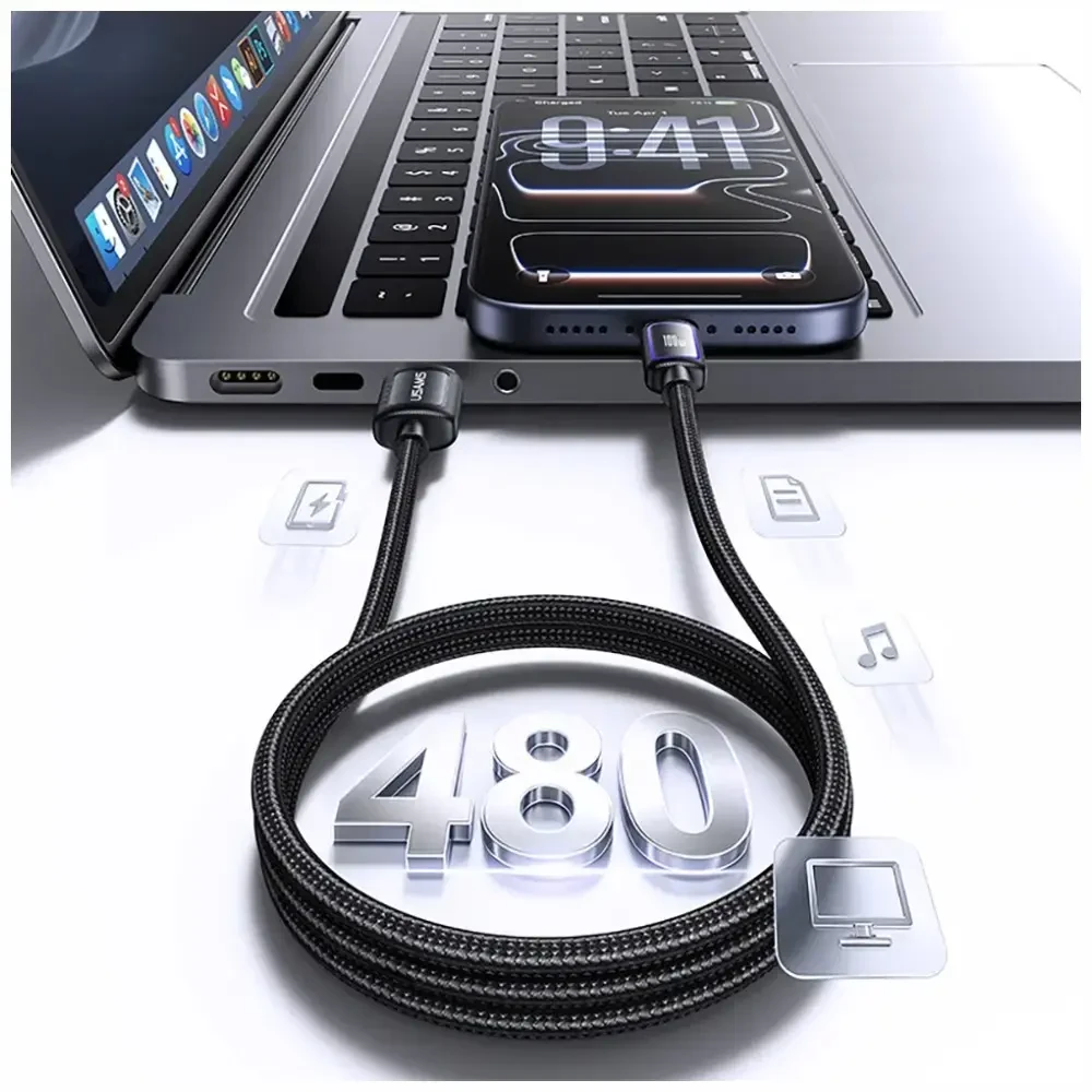 USAMS Al-Alloy SJ817 U110 RGB greitojo įkrovimo 100W USB-A į USB-C laidas 1.2 m juodas
