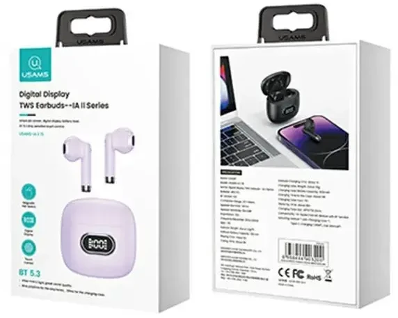 USAMS Bluetooth 5.3 TWS IA II Series belaidės ausinės violetinės spalvos BHUIAII03 (USAMS-IAII15)