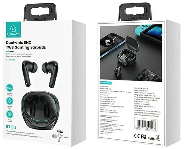 Ausinės Usams XJ13 Dual-mic ENC Gaming TWS, juodas