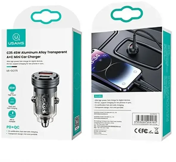 USAMS automobilinis įkroviklis C35 USB+USB-C 45W Fast Charge juodas CC175CC01 (US-CC175)
