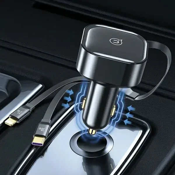 USAMS automobilinis įkroviklis with retractable cable 2xUSB-C C41 PD 30W Fast Charge juodas/juodas CC220CC01 (US-CC