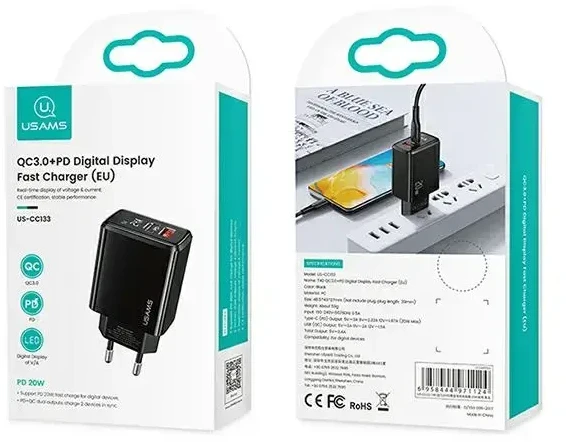 USAMS Laidinis įkroviklis 1xUSB-C + 1xUSB T40 20W LED (only head) PD3.0 + QC3.0 Fast Charging juodos spalvos CC133T