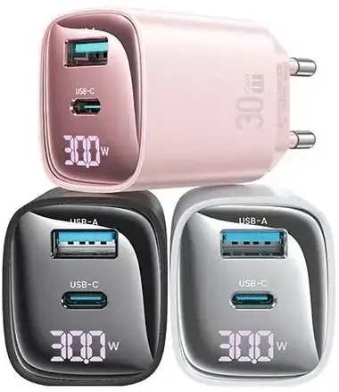 USAMS CC229 kelioninis įkroviklis | 30 W | GaN | USB-C, USB-A | baltas